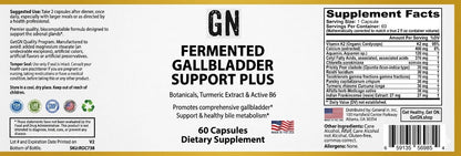 Supplement label for 'GN Fermented Gallbladder Support Plus' with text and nutritional information.