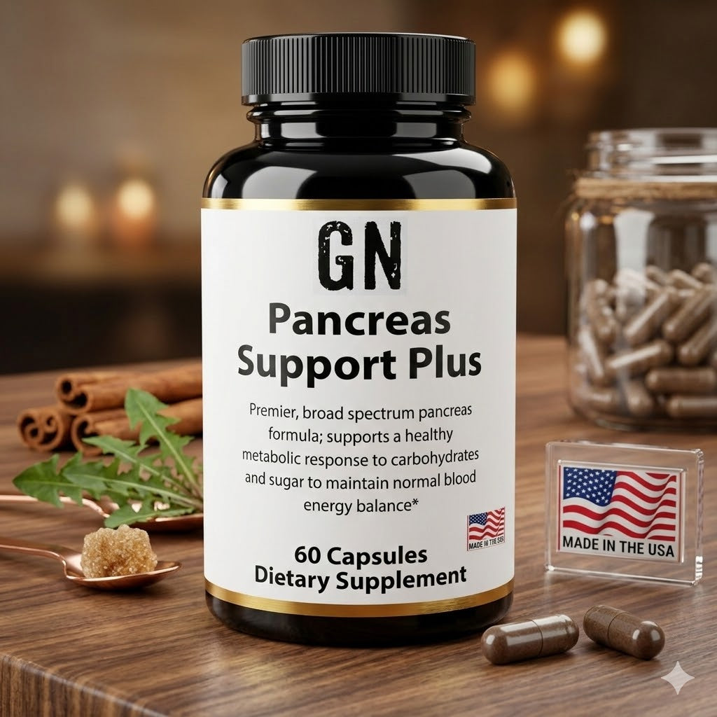 Supplement bottle labeled 'GN Pancreas Support Plus' on a wooden surface with cinnamon and herbs.