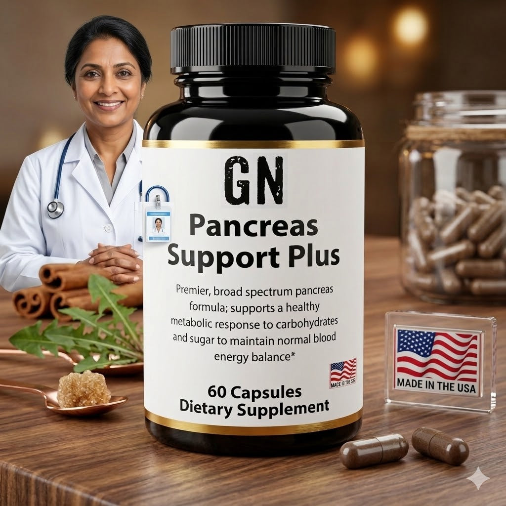 Supplement bottle labeled 'GN Pancreas Support Plus' with a doctor in the background