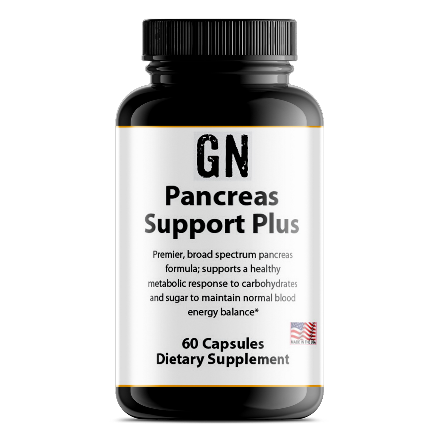 Supplement bottle labeled 'GN Pancreas Support Plus' on a white background