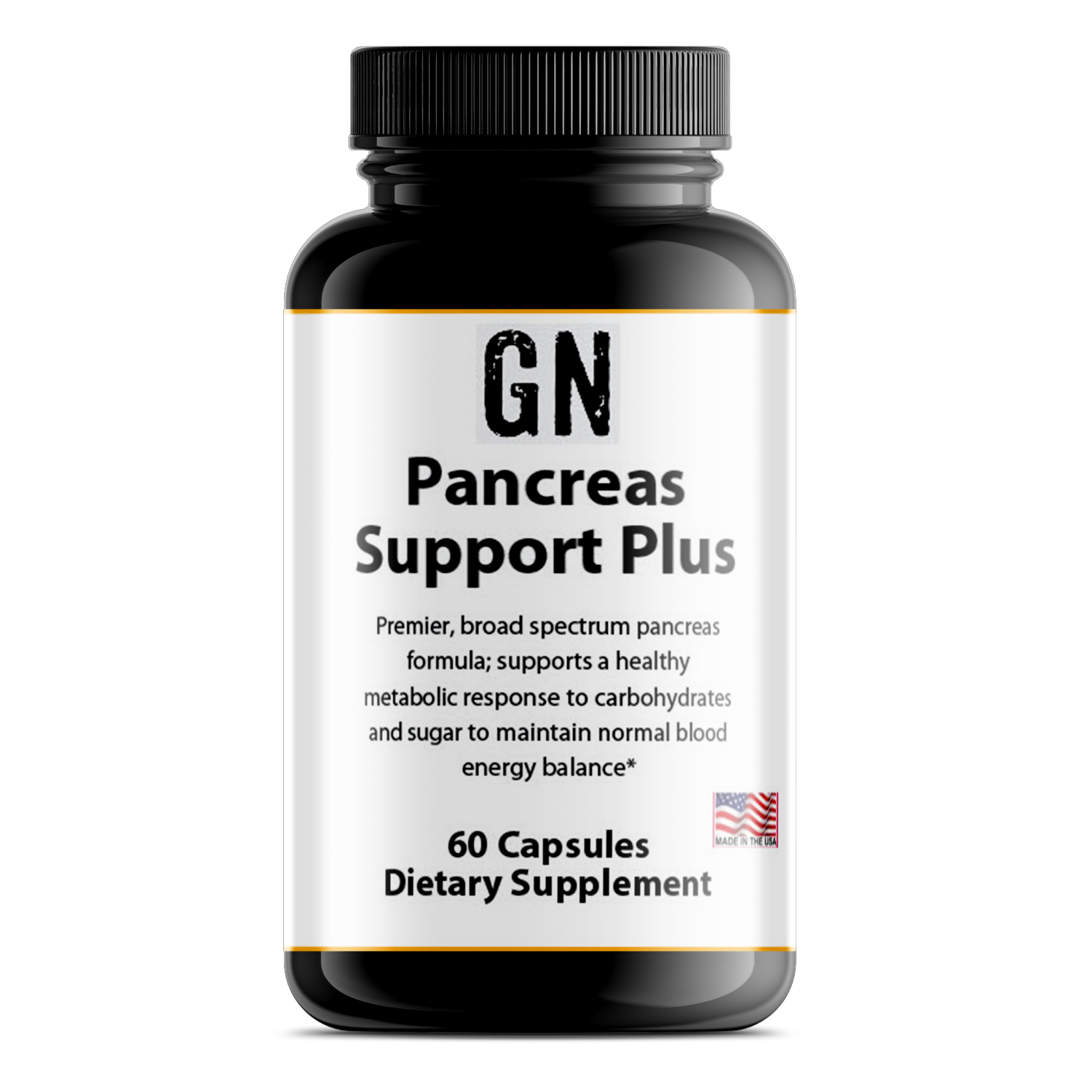 Supplement bottle labeled 'GN Pancreas Support Plus' on a white background