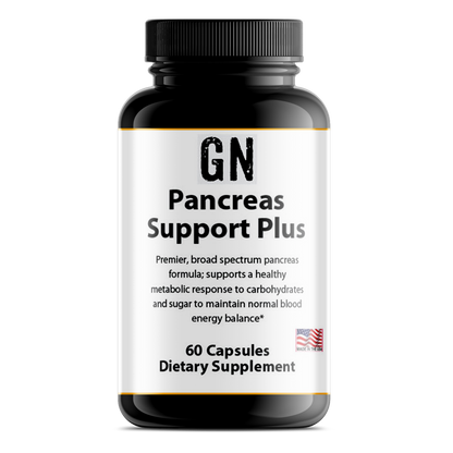 Supplement bottle labeled 'GN Pancreas Support Plus' on a white background