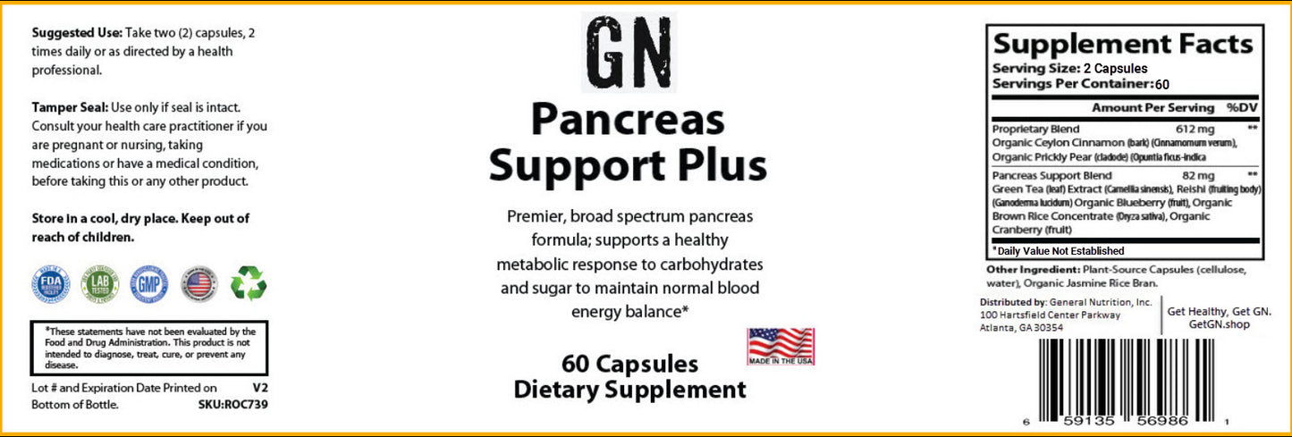 Supplement label for GN Pancreas Support Plus dietary supplement with text and graphics.