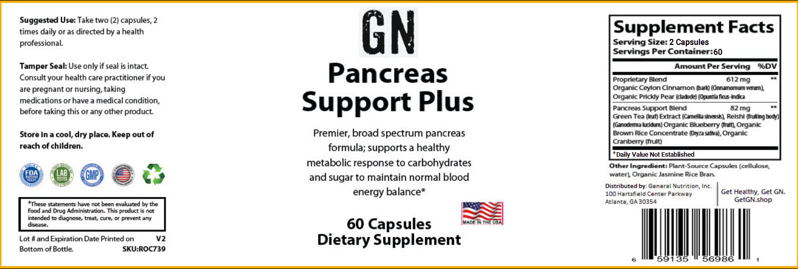 Supplement label for GN Pancreas Support Plus dietary supplement with text and graphics.