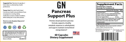 Supplement label for GN Pancreas Support Plus dietary supplement with text and graphics.