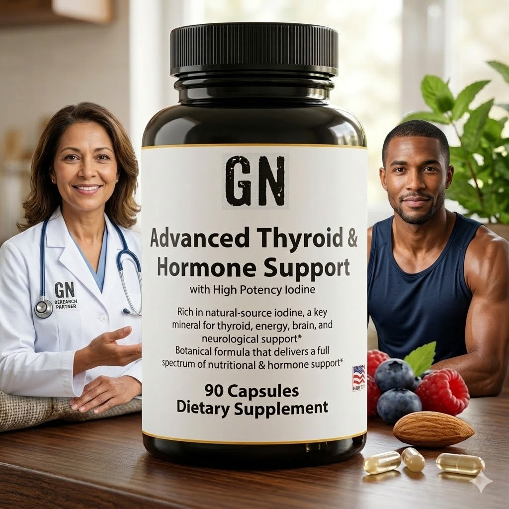 Supplement bottle labeled 'GN' with a doctor and patient in the background