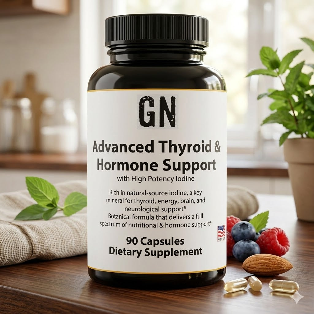 Supplement bottle labeled 'GN Advanced Thyroid & Hormone Support' on a table with berries and nuts.