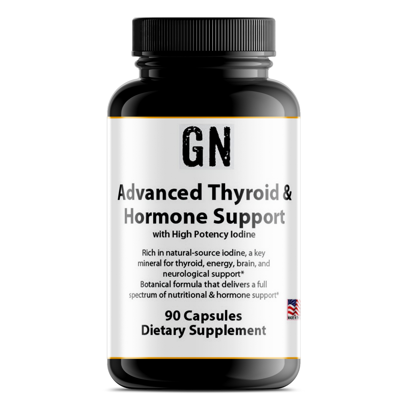Supplement bottle labeled 'GN Advanced Thyroid & Hormone Support' on a white background
