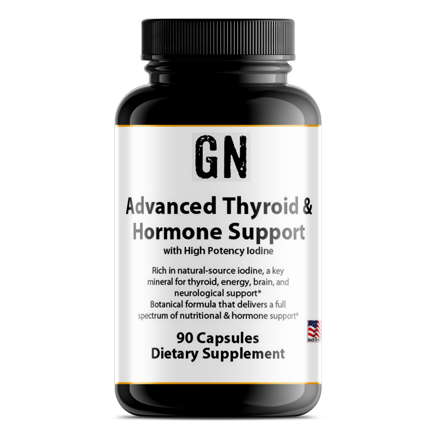 Supplement bottle labeled 'GN Advanced Thyroid & Hormone Support' on a white background