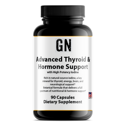 Supplement bottle labeled 'GN Advanced Thyroid & Hormone Support' on a white background