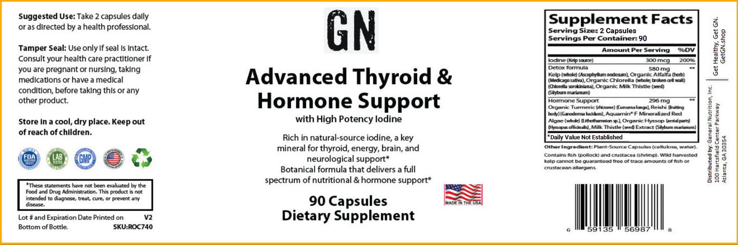 Supplement label for GN Advanced Thyroid & Hormone Support with supplement facts and ingredients listed.