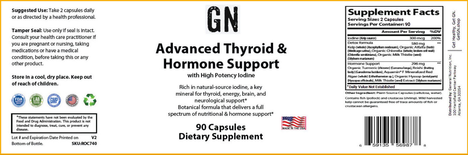 Supplement label for GN Advanced Thyroid & Hormone Support with supplement facts and ingredients listed.