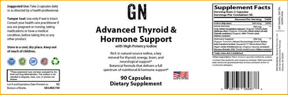 Supplement label for GN Advanced Thyroid & Hormone Support with supplement facts and ingredients listed.
