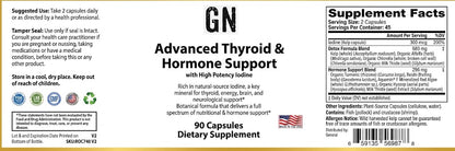 Supplement label for Advanced Thyroid & Hormone Support with ingredient list and branding details.