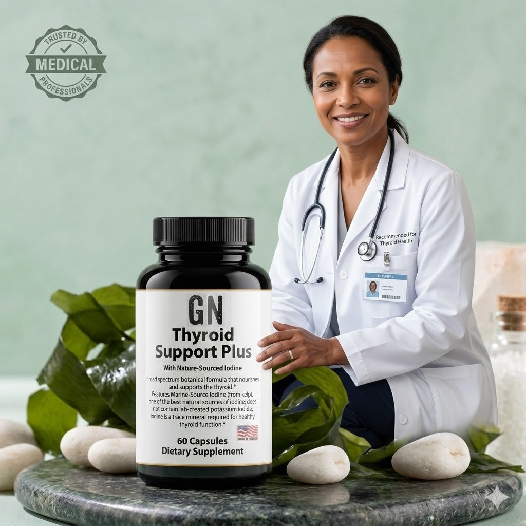 Doctor holding a bottle of GN Thyroid Support Plus supplement with a green background
