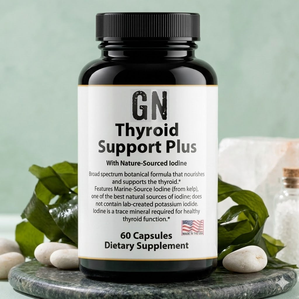 Supplement bottle labeled 'GN Thyroid Support Plus' on a green background with seaweed and stones.