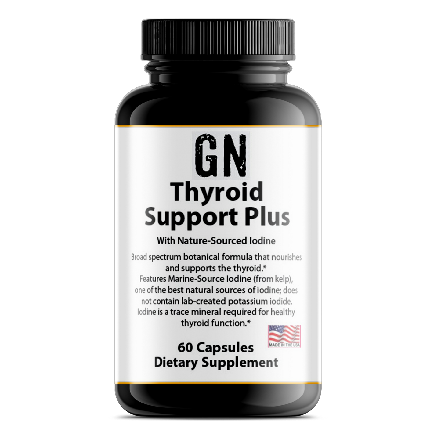 Supplement bottle labeled 'GN Thyroid Support Plus' on a white background