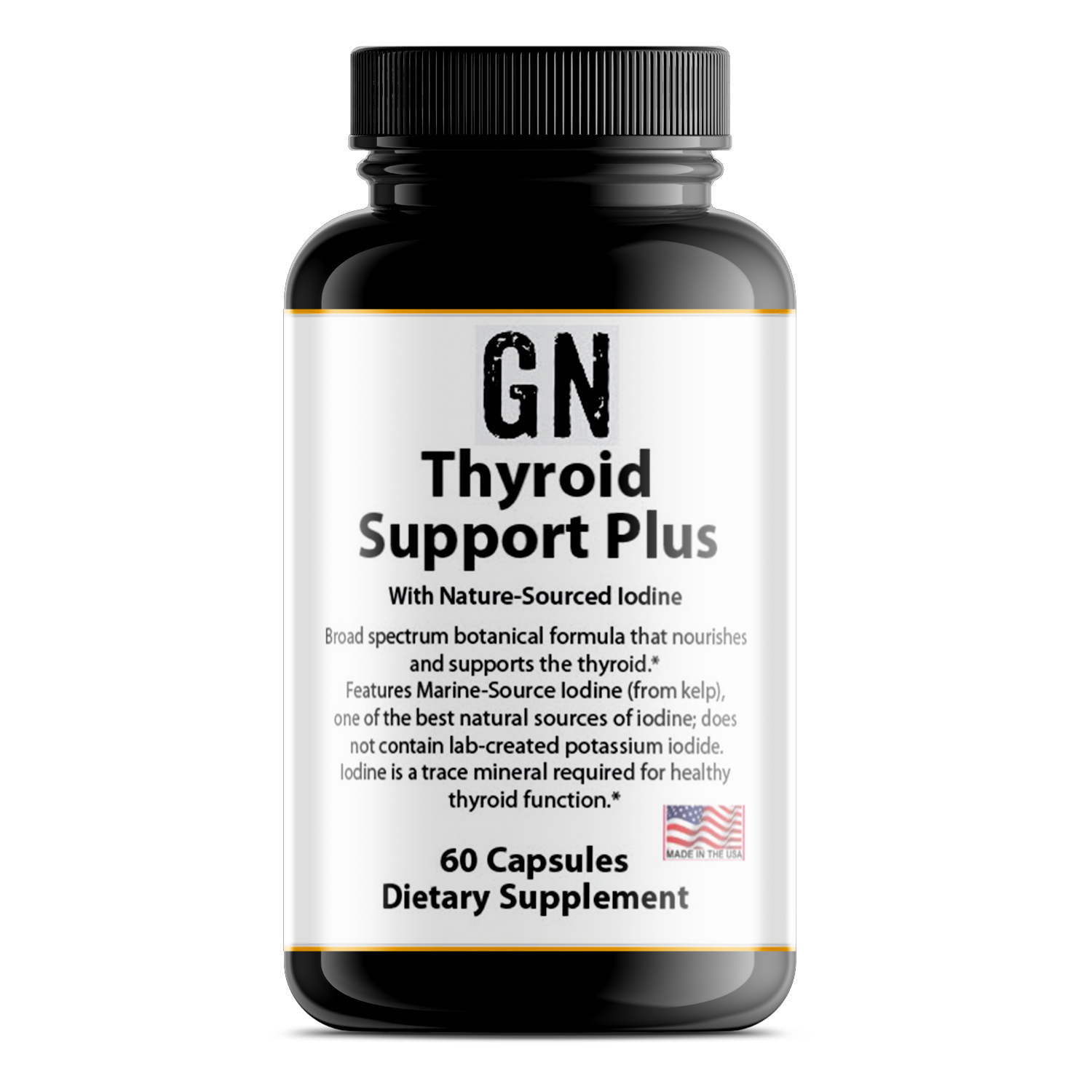 Supplement bottle labeled 'GN Thyroid Support Plus' on a white background