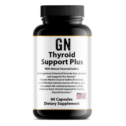 Supplement bottle labeled 'GN Thyroid Support Plus' on a white background