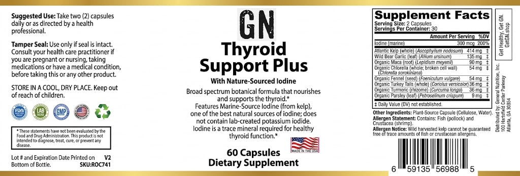 Supplement label for GN Thyroid Support Plus with text and nutritional information.