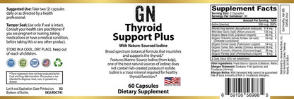 Supplement label for GN Thyroid Support Plus with text and nutritional information.