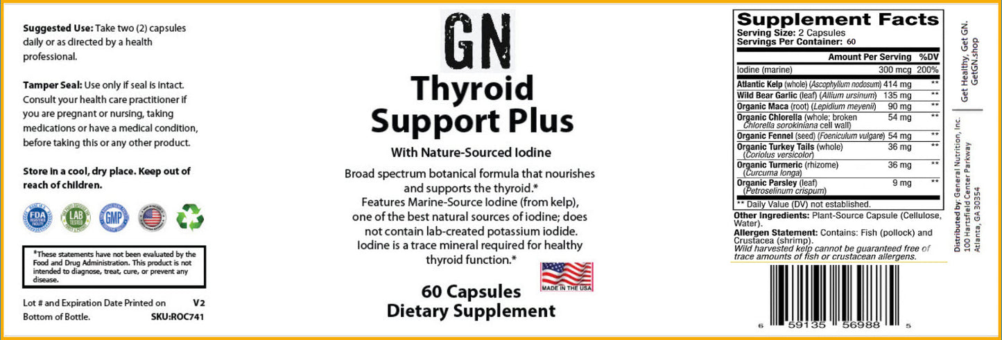 Supplement label for GN Thyroid Support Plus with nutritional information and ingredients listed.
