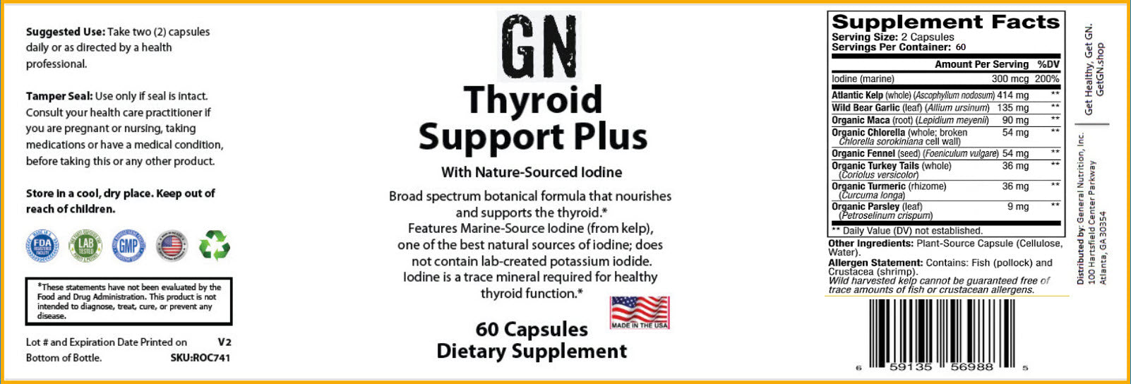 Supplement label for GN Thyroid Support Plus with nutritional information and ingredients listed.