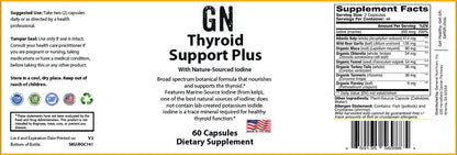 Supplement label for GN Thyroid Support Plus with nutritional information and ingredients listed.