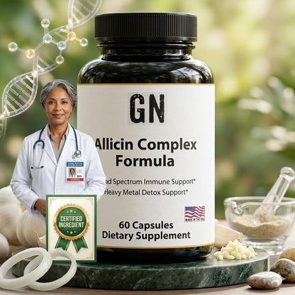 Supplement bottle labeled 'GN Allicin Complex Formula' with a doctor and certification badge in the background.