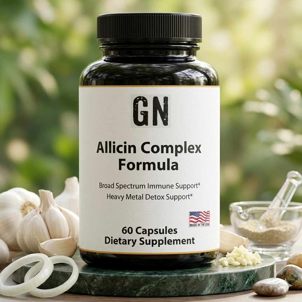Supplement bottle labeled 'GN Allicin Complex Formula' with garlic and a mortar and pestle in the background.