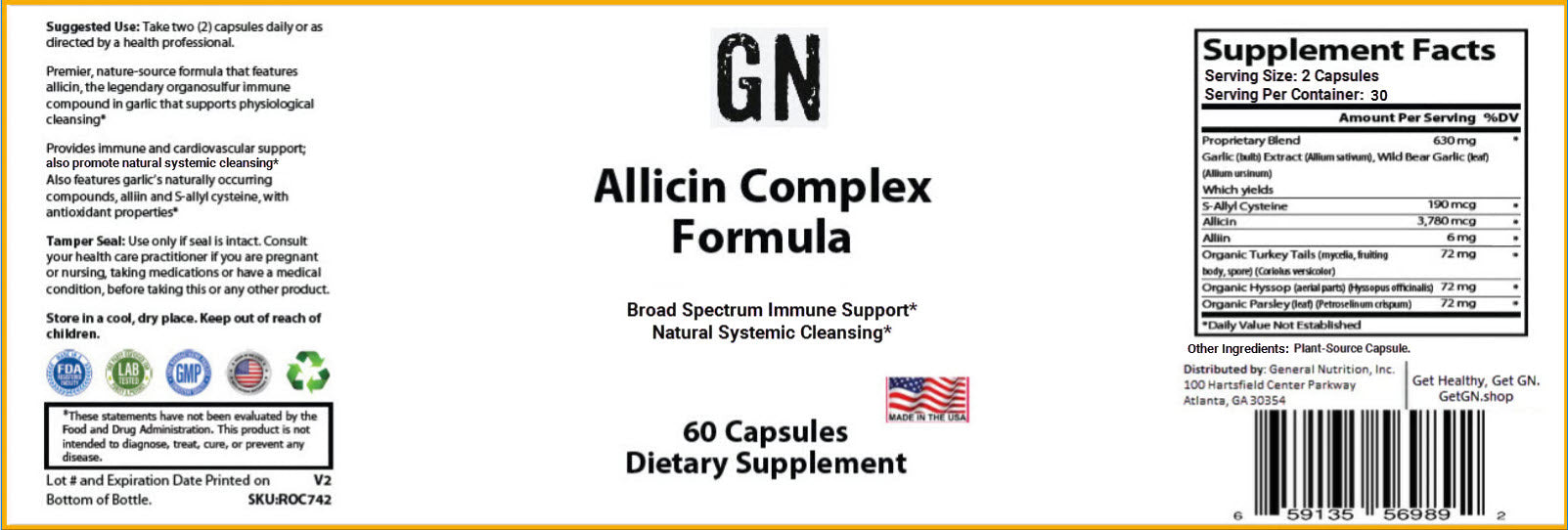 Supplement label for GN Allicin Complex Formula with ingredients and supplement facts.