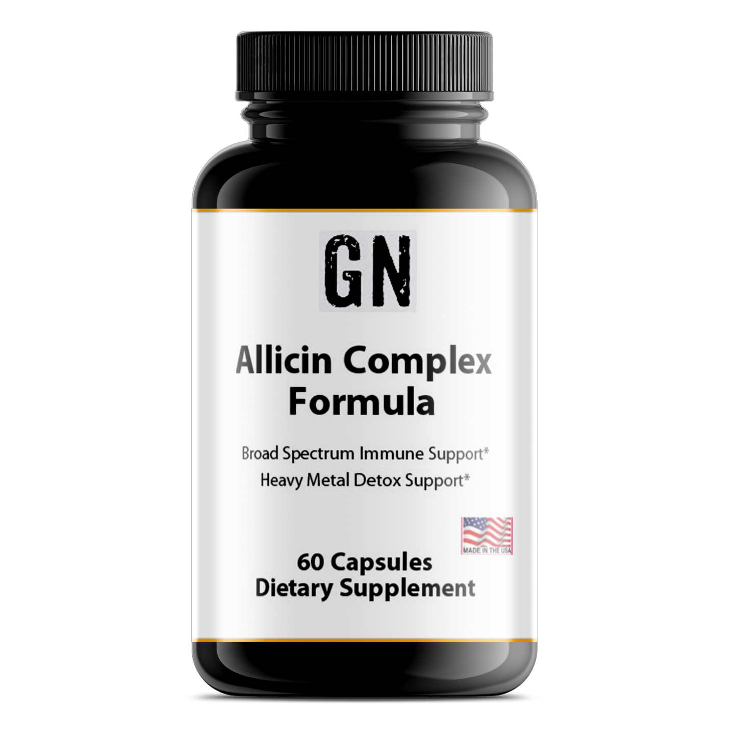 Supplement bottle labeled 'GN Allicin Complex Formula' on a white background