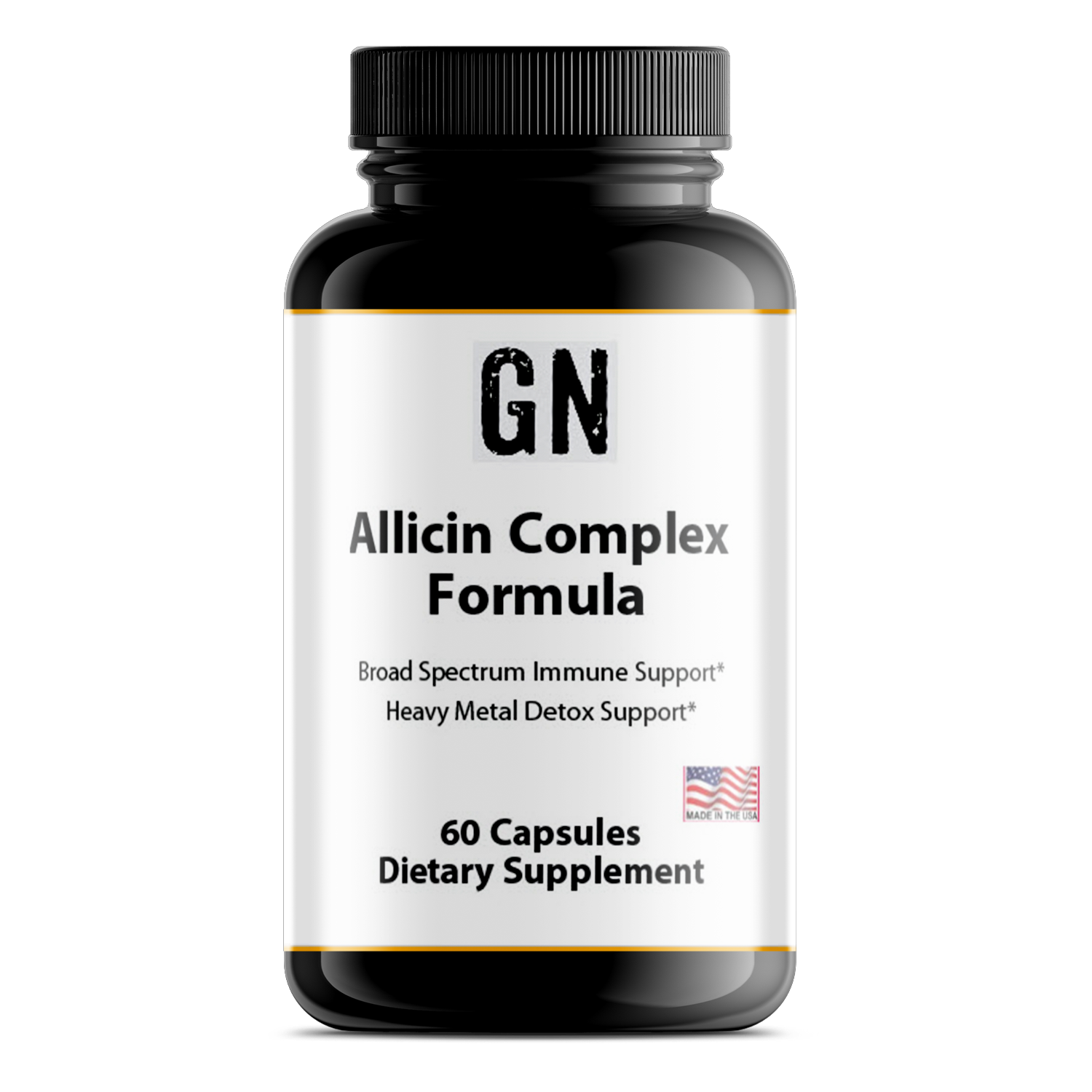 Supplement bottle labeled 'GN Allicin Complex Formula' on a white background