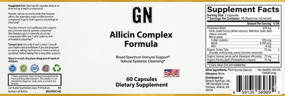 Supplement label for GN Allicin Complex Formula with supplement facts and ingredients listed.