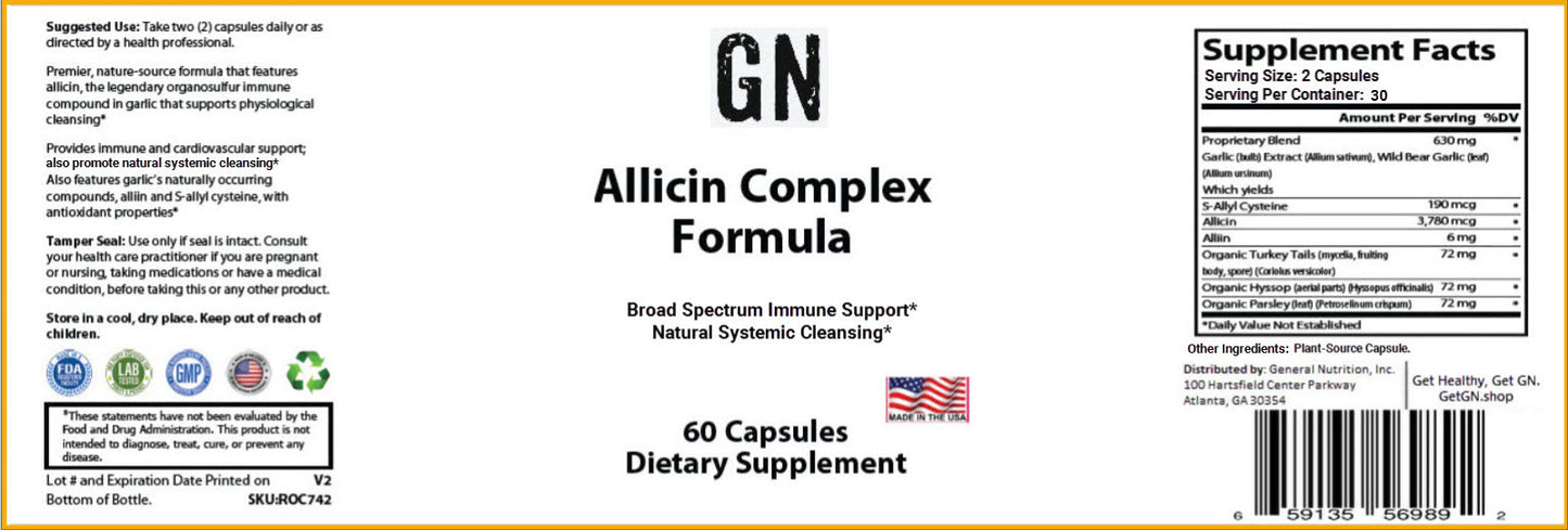 Supplement label for GN Allicin Complex Formula with ingredients and supplement facts.
