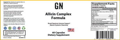 Supplement label for GN Allicin Complex Formula with ingredients and supplement facts.