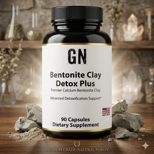 Bottle of GN Bentonite Clay Detox Plus supplement with rocks and a blurred background