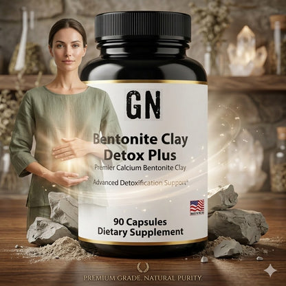 Bottle of GN Bentonite Clay Detox Plus supplement with a woman holding clay in front of a blurred background.