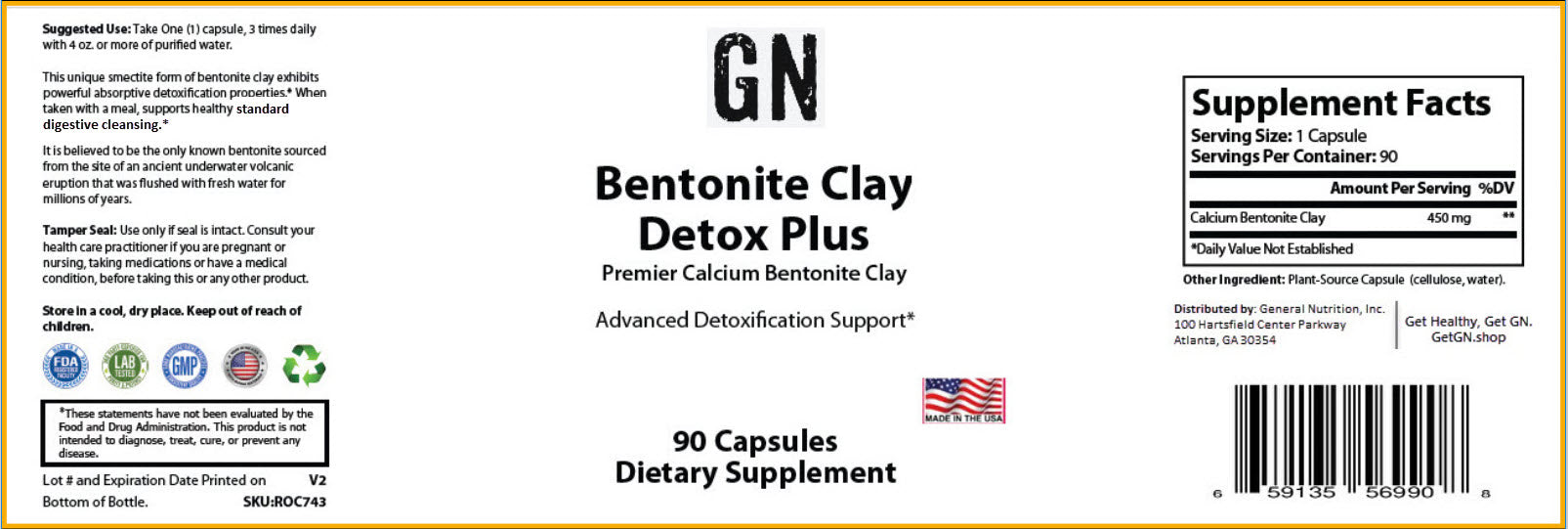 Supplement label for Bentonite Clay Detox Plus with supplement facts and ingredients listed.