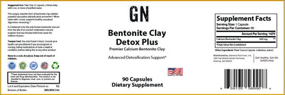 Supplement label for Bentonite Clay Detox Plus with supplement facts and ingredients listed.