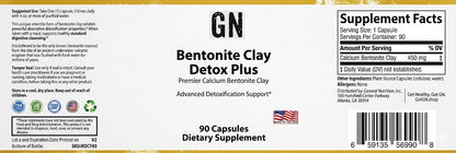 Supplement label for Bentonite Clay Detox Plus with supplement facts and branding details.