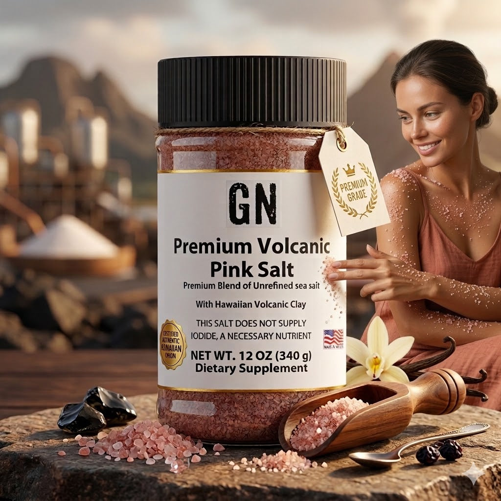 Jar of GN Premium Volcanic Pink Salt with a woman in a desert setting