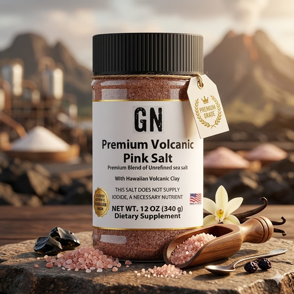 Jar of GN Premium Volcanic Pink Salt with a scenic background