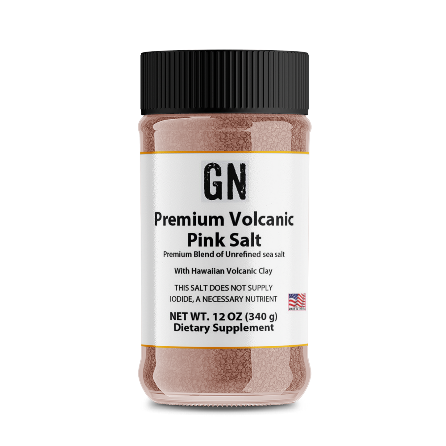 Jar of GN Premium Volcanic Pink Salt on a white background