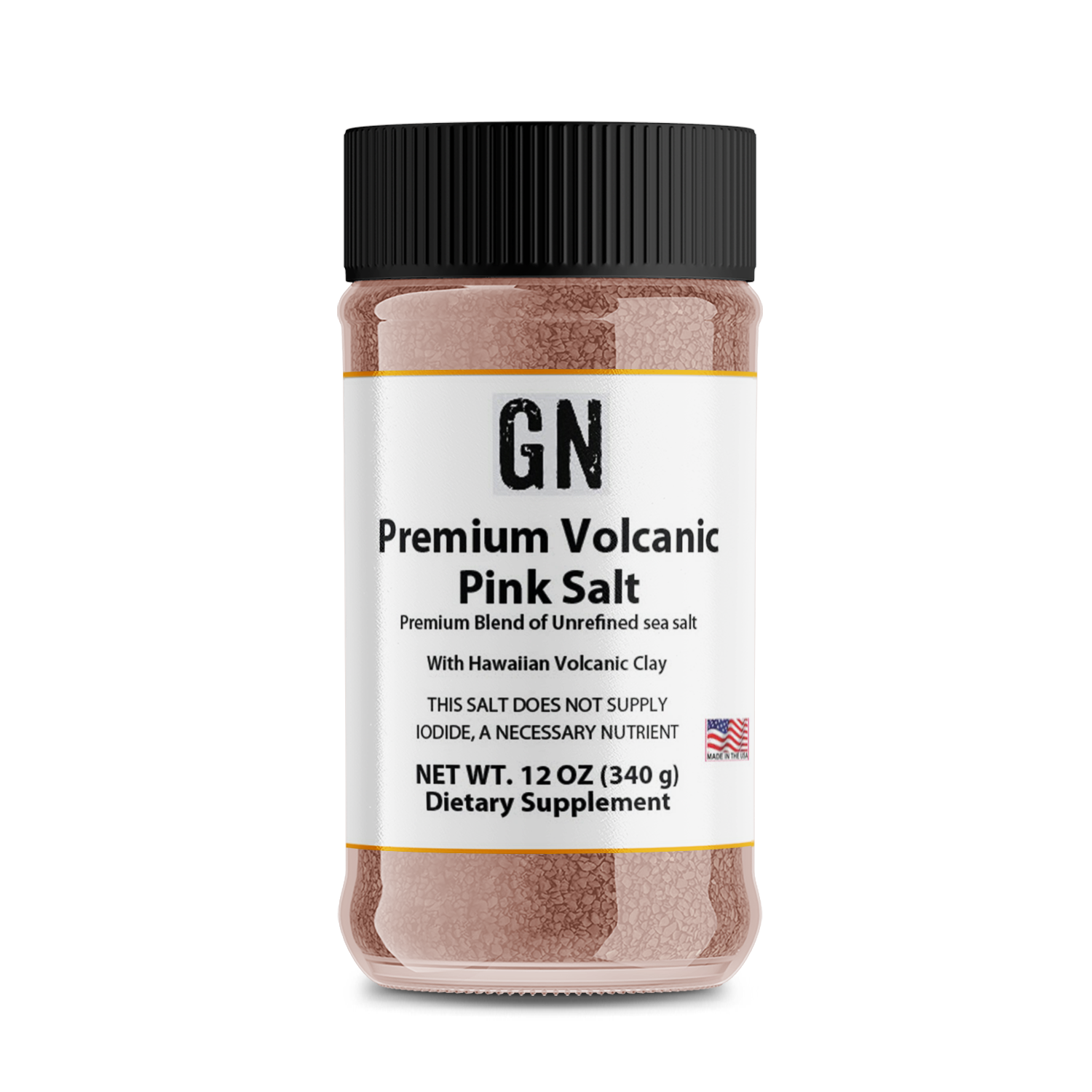 Jar of GN Premium Volcanic Pink Salt on a white background