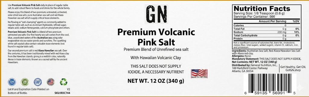 Nutrition facts label for GN Premium Volcanic Pink Salt