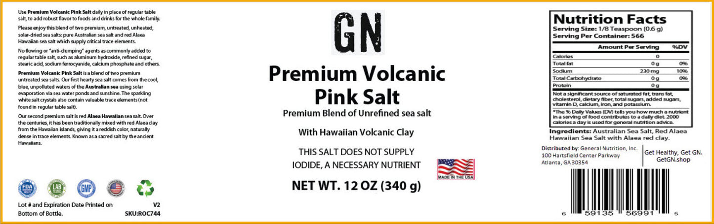 Label of GN Premium Volcanic Pink Salt with nutritional information and branding details.