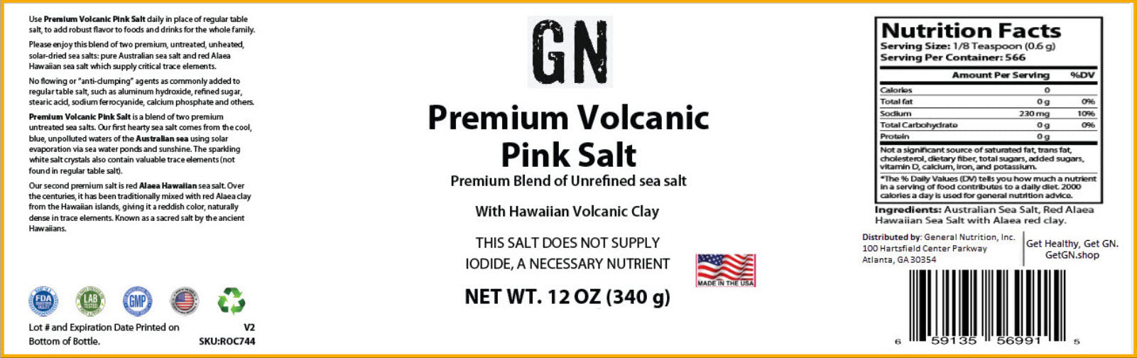 Label of GN Premium Volcanic Pink Salt with nutritional information and branding details.