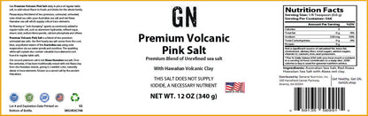 Label of GN Premium Volcanic Pink Salt with nutritional information and branding details.