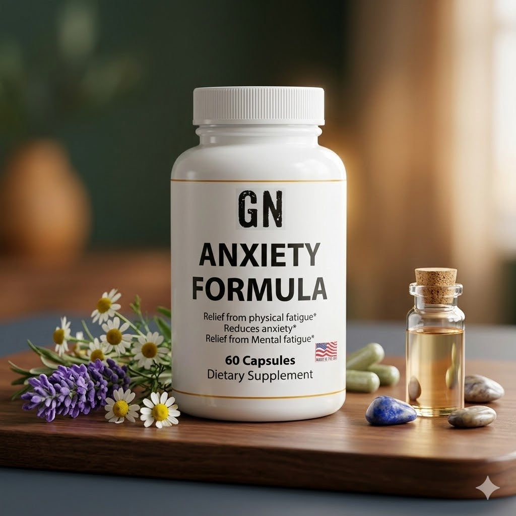 Supplement bottle labeled 'GN Anxiety Formula' on a wooden surface with flowers and a small bottle.